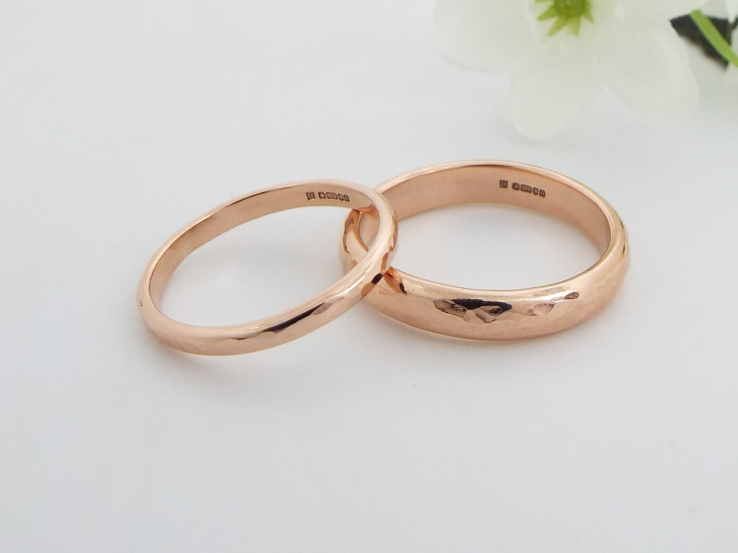 Handmade 9ct Rose Gold matching Wedding rings with a hammered finish